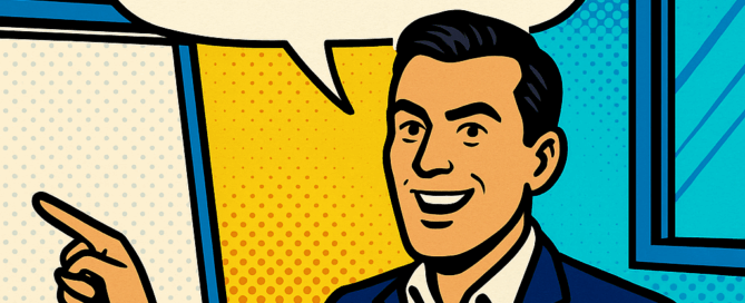 Comicstil-Bild eines Businessmanns mit Sprechblase: „Das Angebot ist besser wie beim Wettbewerb.“ Das Wort „wie“ ist rot durchgestrichen, darüber steht handschriftlich „als“ – wie eine schulische Korrektur. Pop-Art-Stil mit kräftigen Farben.