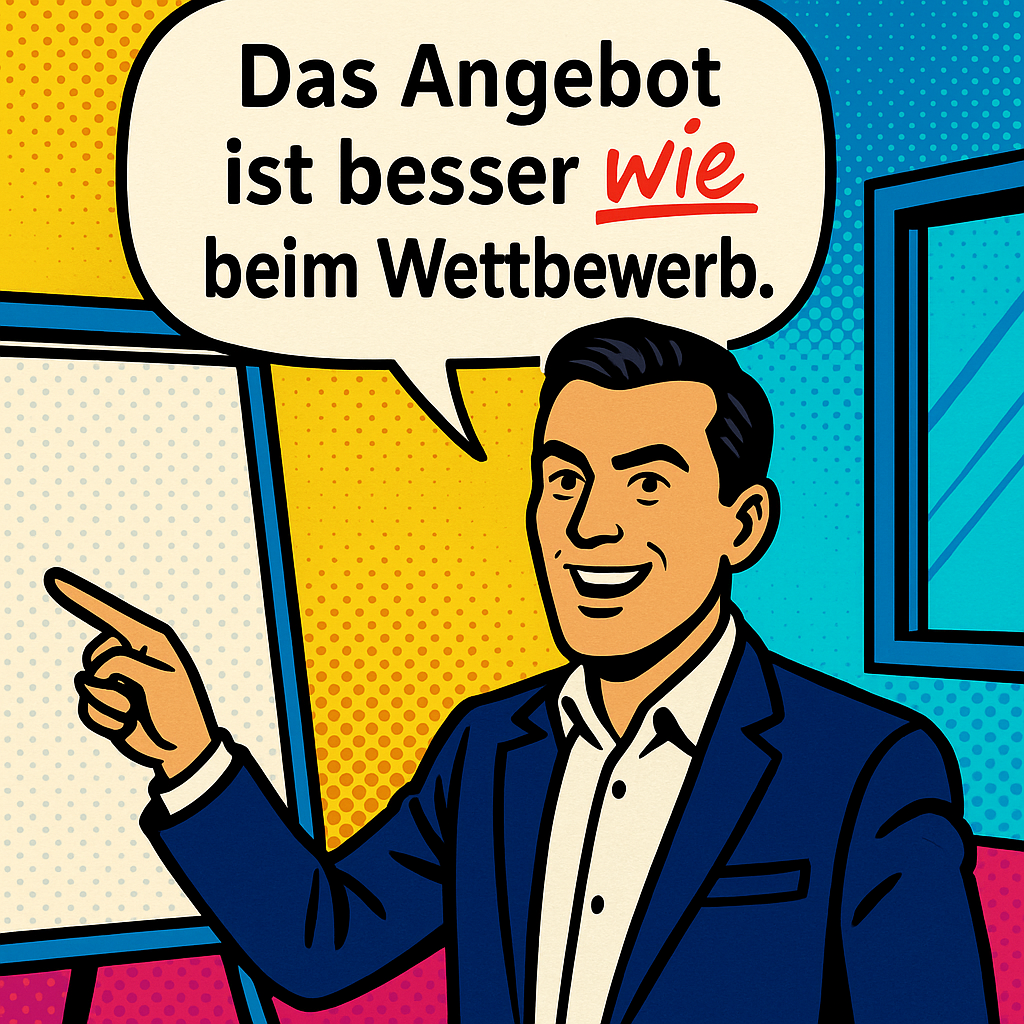 Comicstil-Bild eines Businessmanns mit Sprechblase: „Das Angebot ist besser wie beim Wettbewerb.“ Das Wort „wie“ ist rot durchgestrichen, darüber steht handschriftlich „als“ – wie eine schulische Korrektur. Pop-Art-Stil mit kräftigen Farben.
