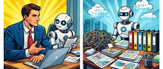 Verhandlungssituation. Zwei Personen sitzen sich gegenüber. Eine KI Oberfläche im Hintergrund. Mensch im Fokus. KI als Helfer sichtbar.