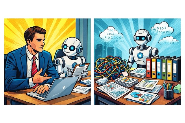 Mittel (Messy AI 4) Verhandlungssituation. Zwei Personen sitzen sich gegenüber. Eine KI Oberfläche im Hintergrund. Mensch im Fokus. KI als Helfer sichtbar.